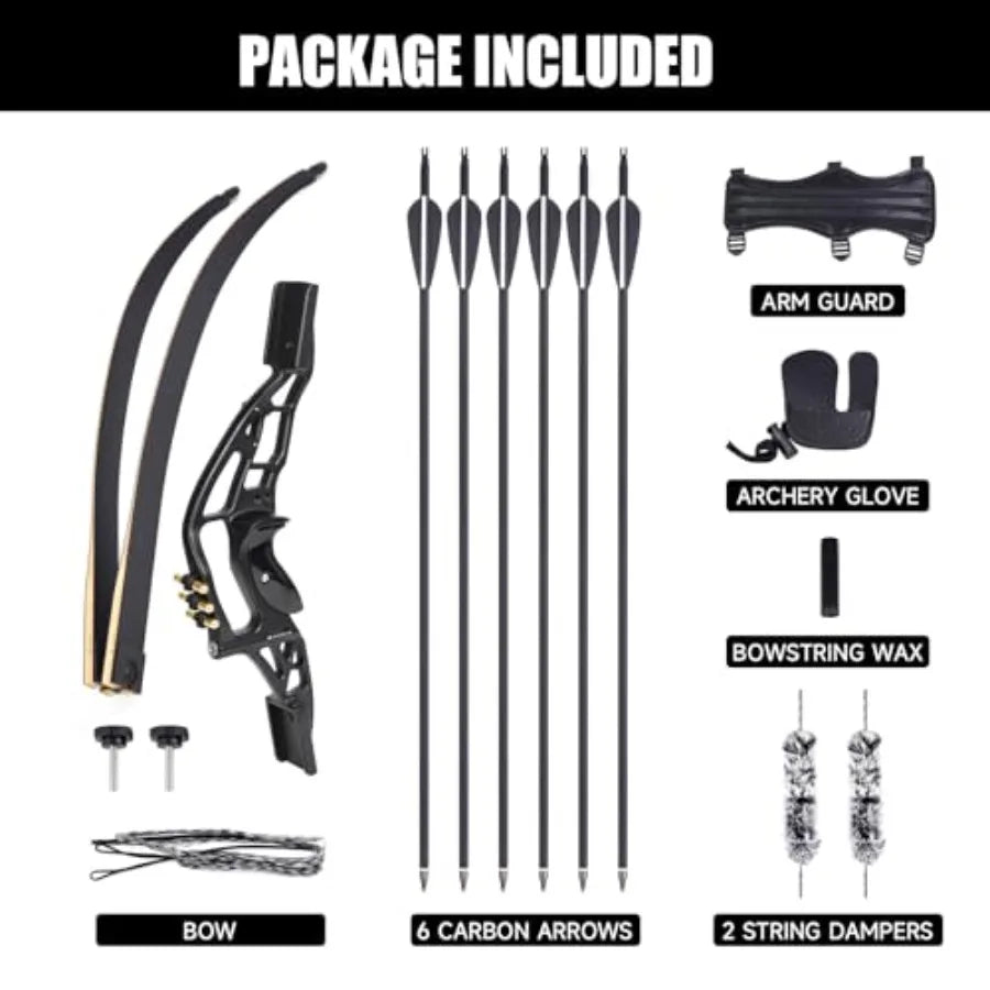 60 Recurve Bow Archery Set for Adult Right-Handed Hunting with USA Made Gordon Limbs 30-60lbs Black and Red Outdoor Target Shoo