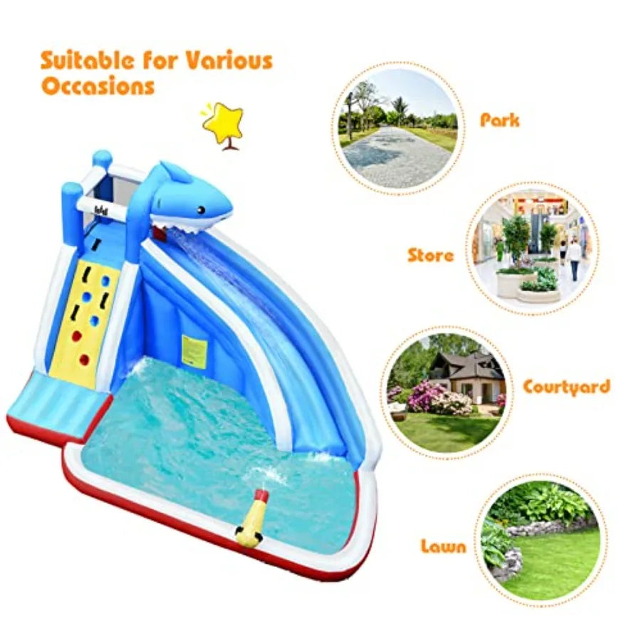 Inflatable Water Slide Shark Bounce House with Long Slide Climbing Wall Water Cannon Splash Pool for Outdoor Backyard Inflatabl