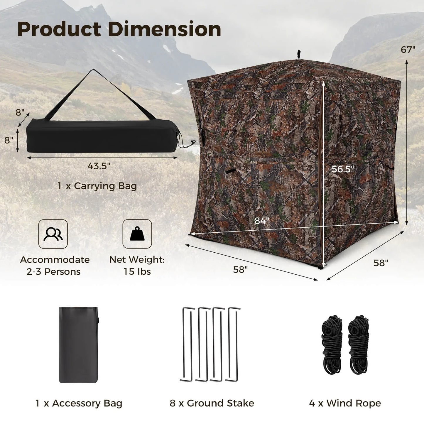 360 Degree One-Way See-Through Hunting Blind w/ Full-Open Door Carrying Bag