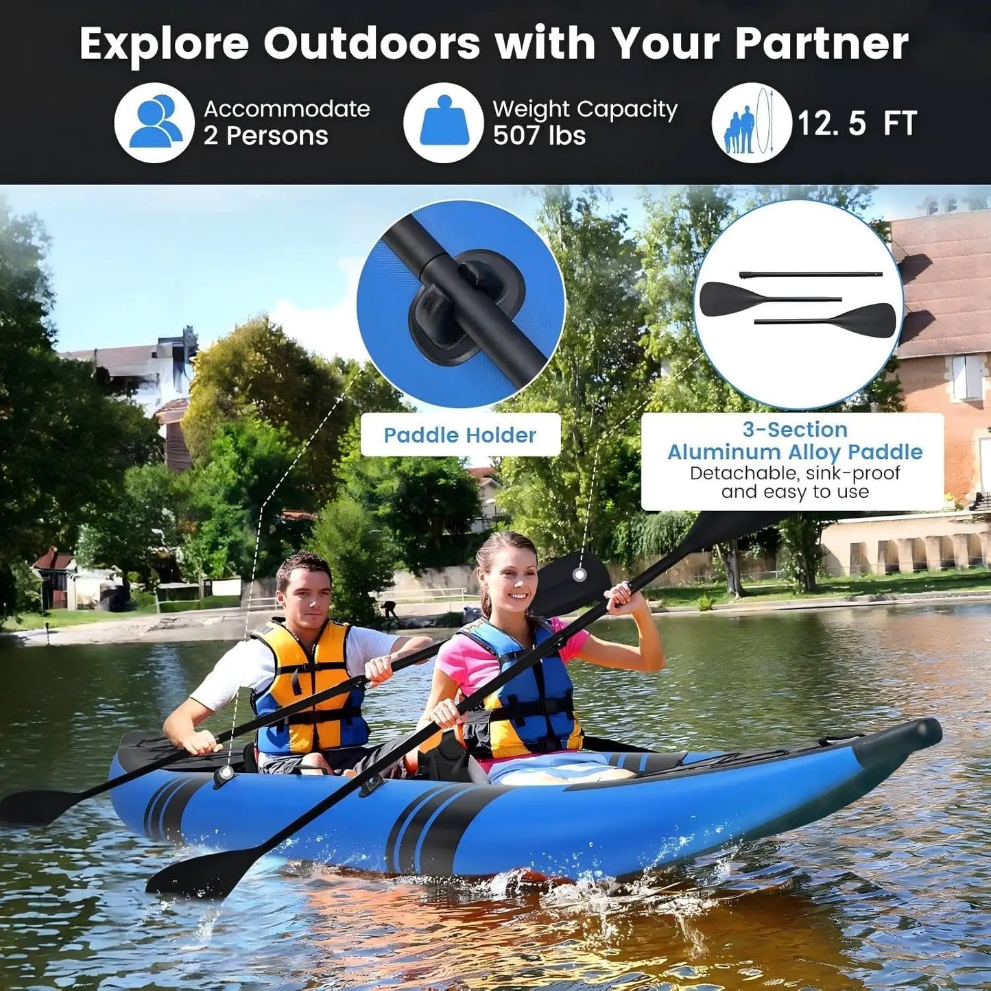 12.5-Foot Inflatable Tandem Kayak for Adults, 507lbs Capacity with 2 Aluminum Paddles, Padded Seats, Footrests, 2 Fins, Hand Pump, Carry Bag & Repair Kit - 2-Person Fishing & Touring Kayak