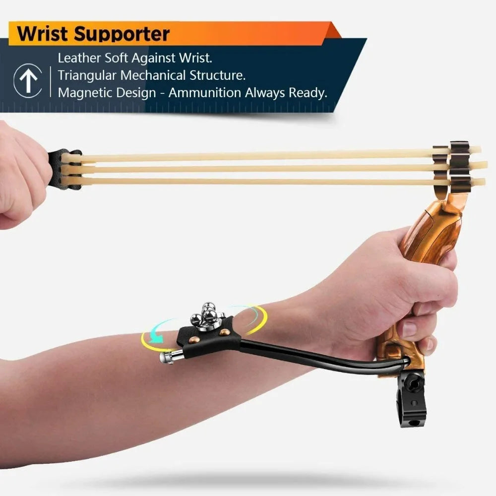 High Precision Outdoor Slingshot Set Alloy Wooden Handle Brown with 3 Rubber Bands 100 Beads Bracket Wrench Protective Gear