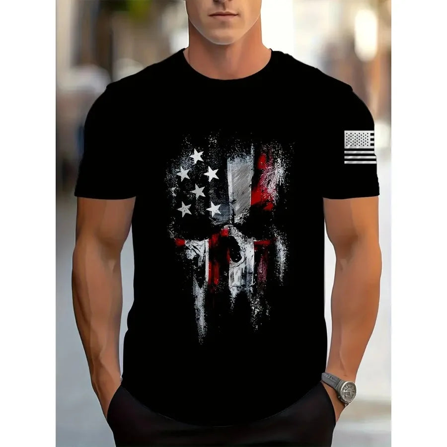 【New Arrival】American Flag Skull T-Shirt Patriotic USA Flag Graphic Tee Casual Unisex Short Sleeve Tops for Men