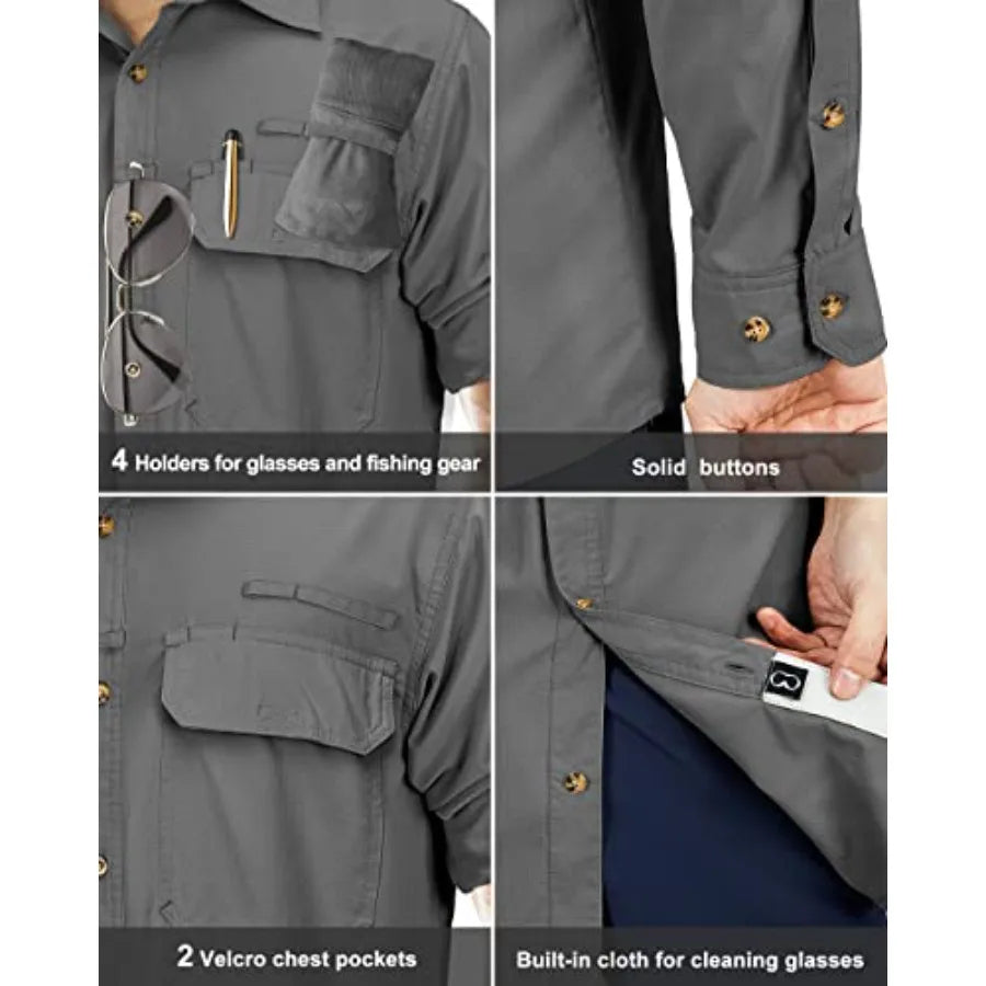 33000Feet Men's Long Sleeve Sun Protection Shirt UPF 50+ UV Quick Dry Cooling Fishing Shirts for Travel Safari Camping Hiking