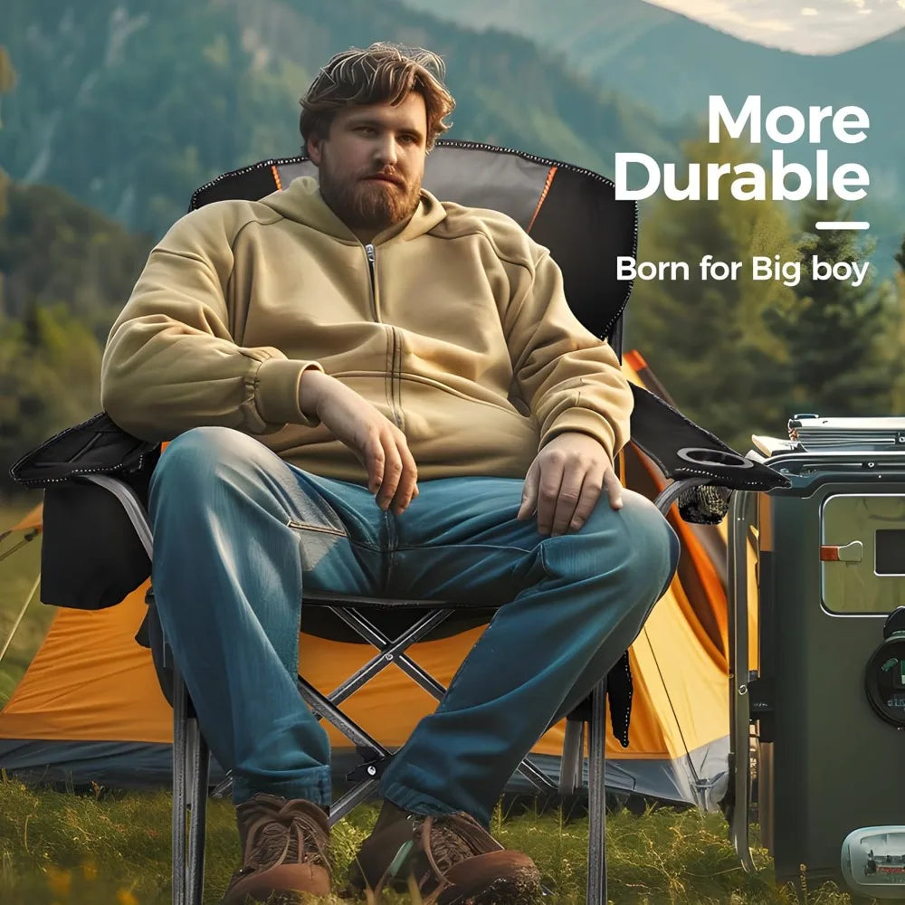 Heavy Duty Camping Chair 500LBS Capacity, Oversized Folding Chair for Heavy People, Padded Portable Outdoor Chair with Cooler Bag & Cup Holder for Camping, Fishing, Beach