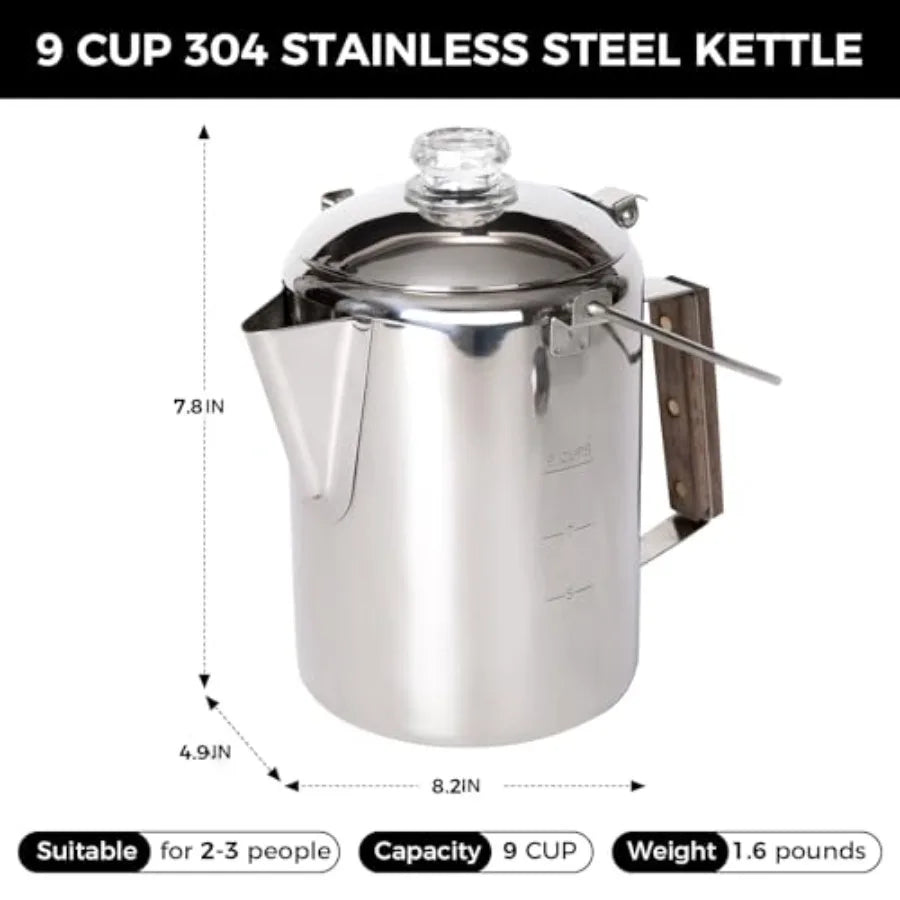 Percolator Coffee Pot Campfire Coffee Boiler Kettle 304 Stainless Steel with Wood Handle for Outdoor Camping Cookware, Cabin, R