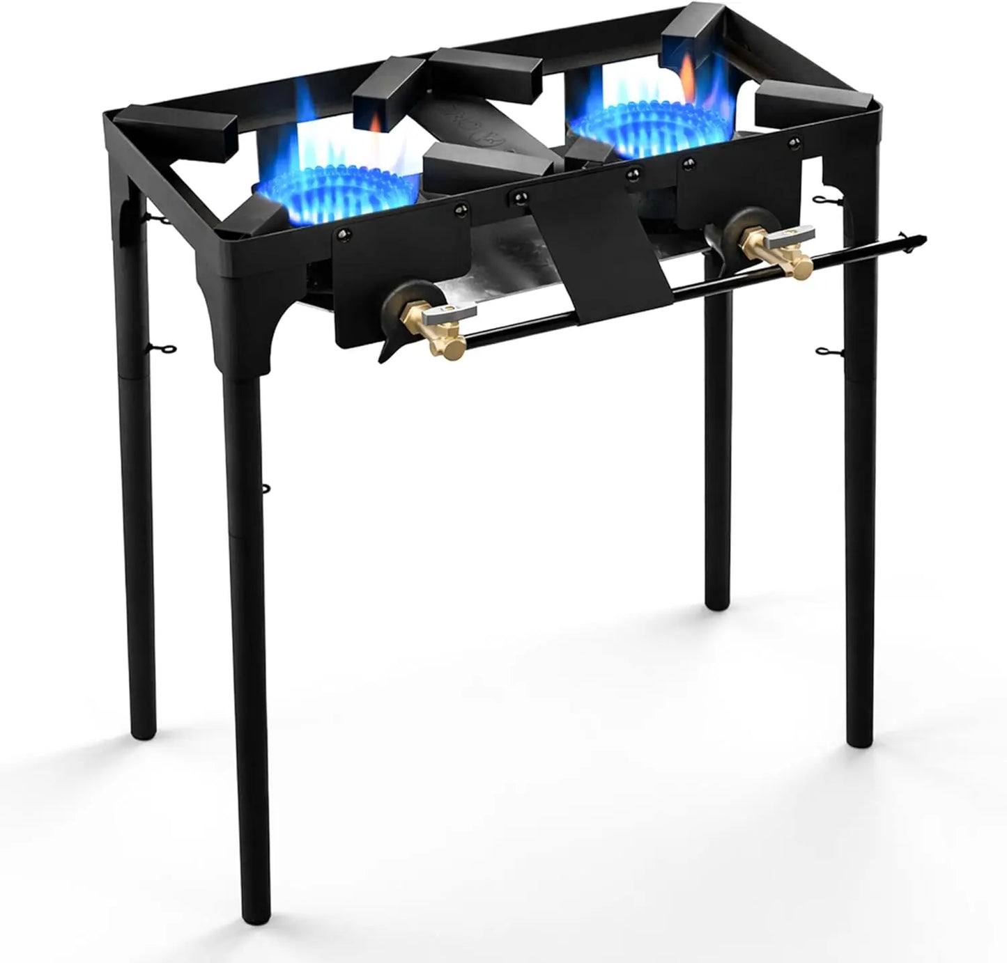 Double Propane Burner Camping Stove, Adjustable Height 4-Tier Legs, Cast Iron Portable Gas Stove for Outdoor Cooking