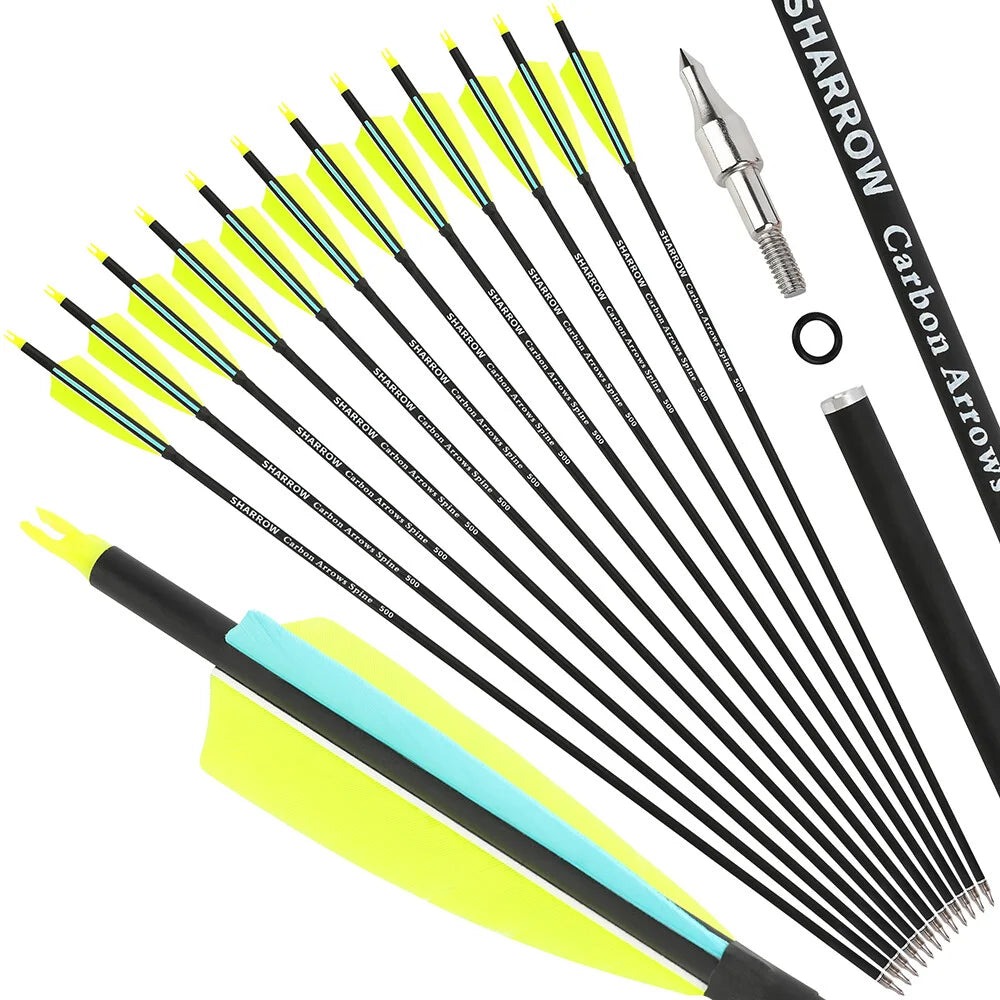 Mixed Carbon Arrows 12pcs 31.6 Inch Spine 500 ID6.2mm with 4" Turkey Feathers for Compound Recurve Bow Hunting Shooting Accessories