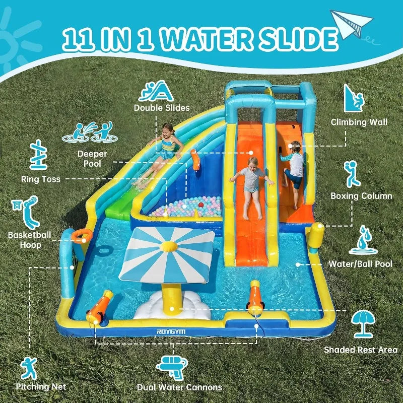 Inflatable Water Park for Kids, 16.4 ft × 14.1 ft Large Backyard Water Slides with Dual Slides, Dual Water Guns & Climbing Wall