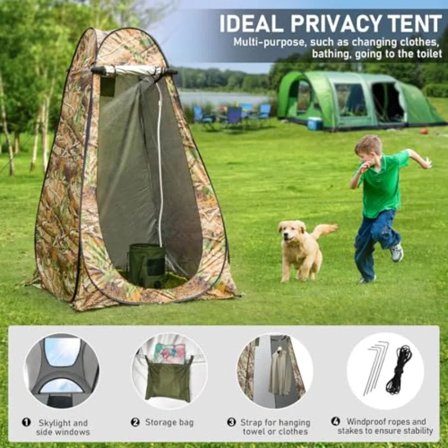 Outdoor camping shower tent: portable pop-up privacy tent with LED lights, 4500mAh rechargeable pump, filtered shower head, 7.4