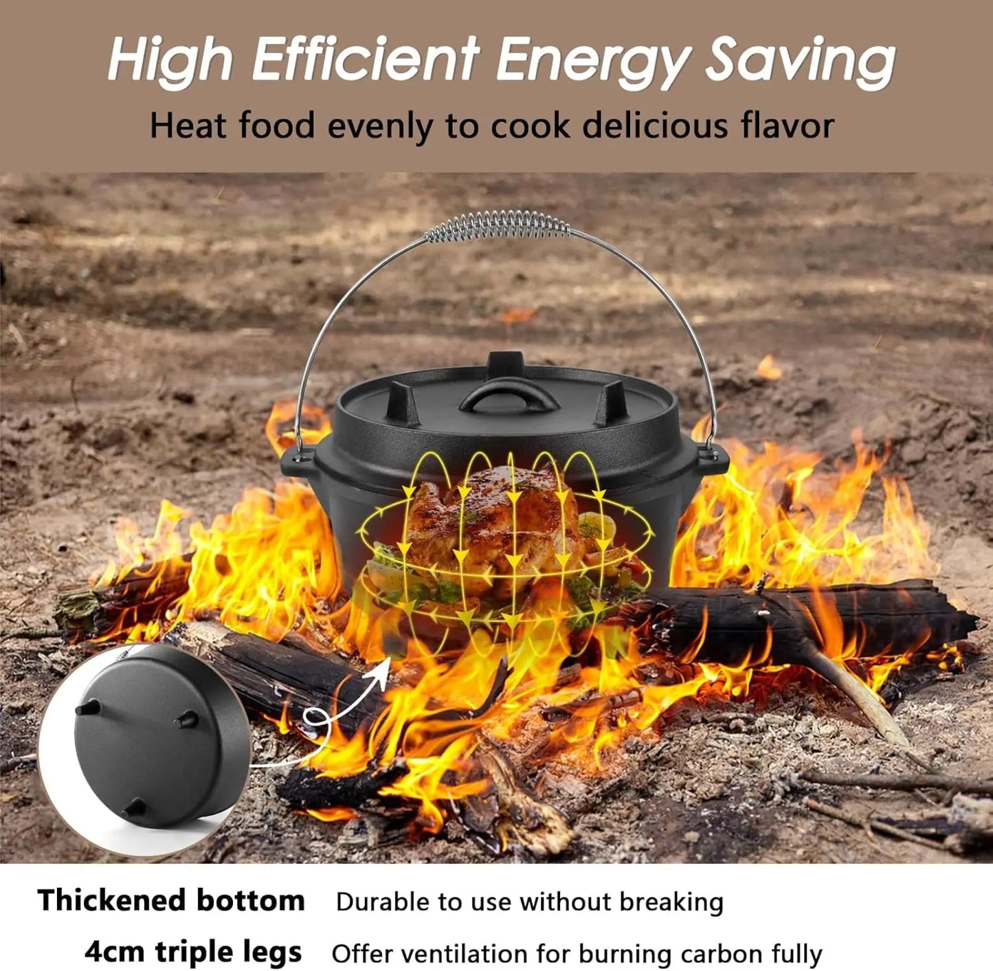 Cast Iron Dutch Oven 7 QT, Pre-Seasoned 2-in-1 Deep Pot & Lid Skillet Pan for Camping Baking, Heavy Duty with Bracket and Lid