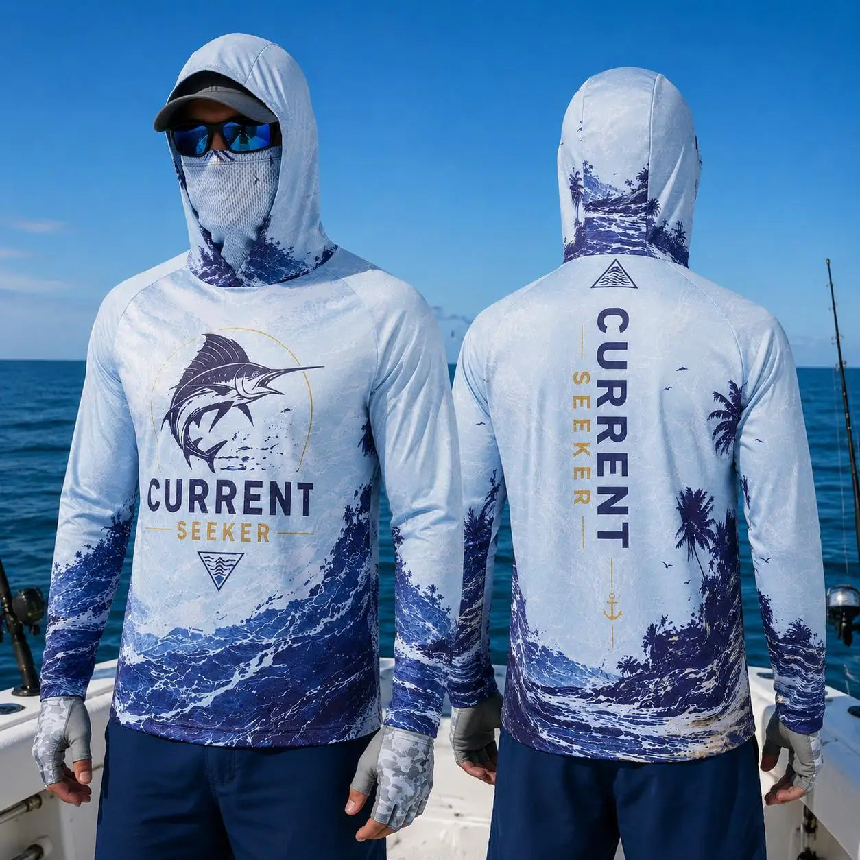 Men Fishing Hoodie Shirt Protection Long Sleeve Face Cover Quick Dry Sun Protection Fishing Jersey Performance Sailfish