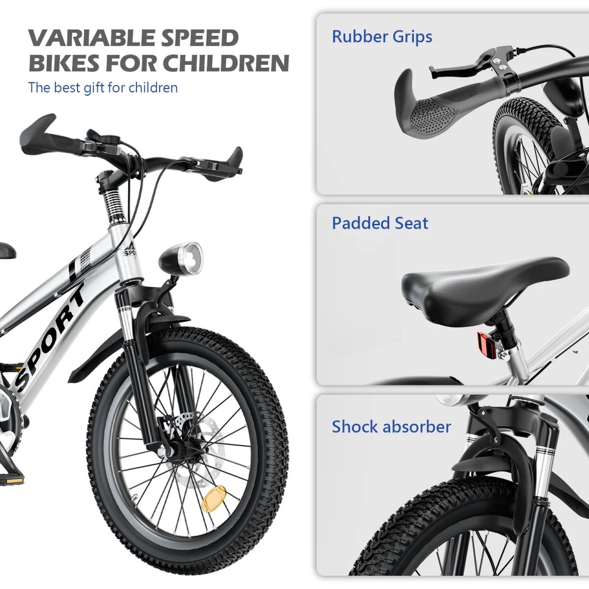 FKZNPJ 20 Inch Kids Mountain Bike for Boys & Girls Ages 7-12 – 7-Speed Gears, Dual Disc Brakes, Shock Absorber Front Fork, LED Light – Silver & Pink