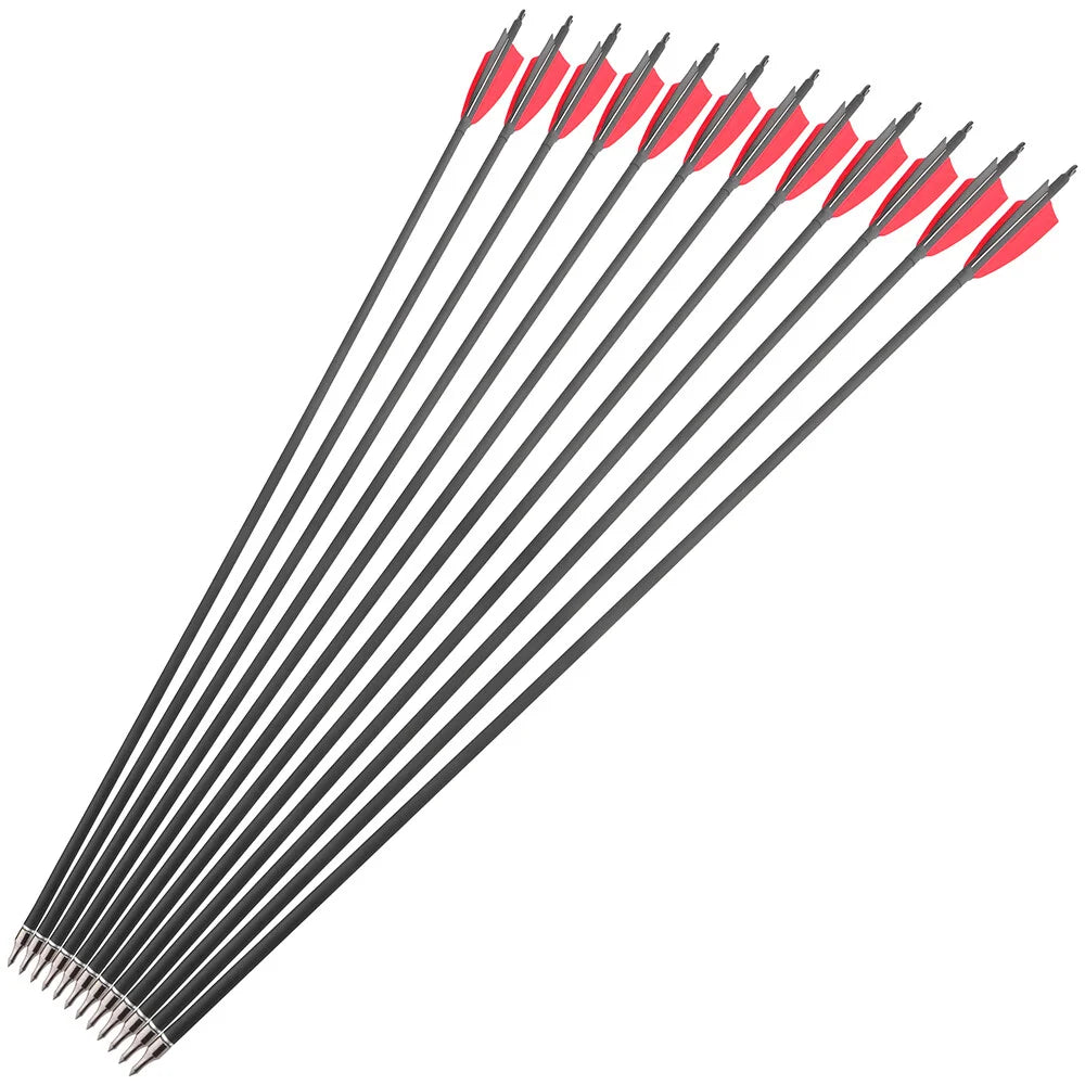 Archery Carbon Arrows 12pcs Spine 500 ID6.2mm OD7.8mm 100 Grain Points 4 Inch Turkey Vanes for Compound Bow Shooting