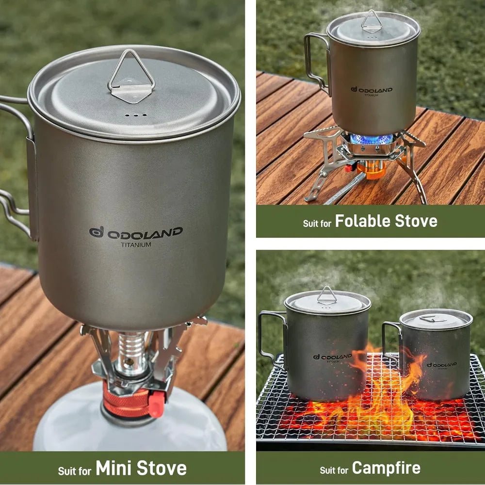 Titanium Camping Cookware Set 420ml & 750ml Pots with Lid and Spork Lightweight for Backpacking Hiking Travel
