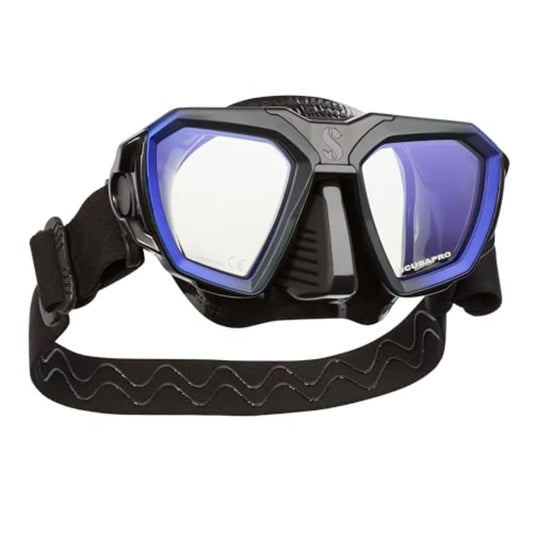 Scuba Diving Mask for underwater use, silicone and tempered glass, blue/black, wide field of view and anti-fog coating