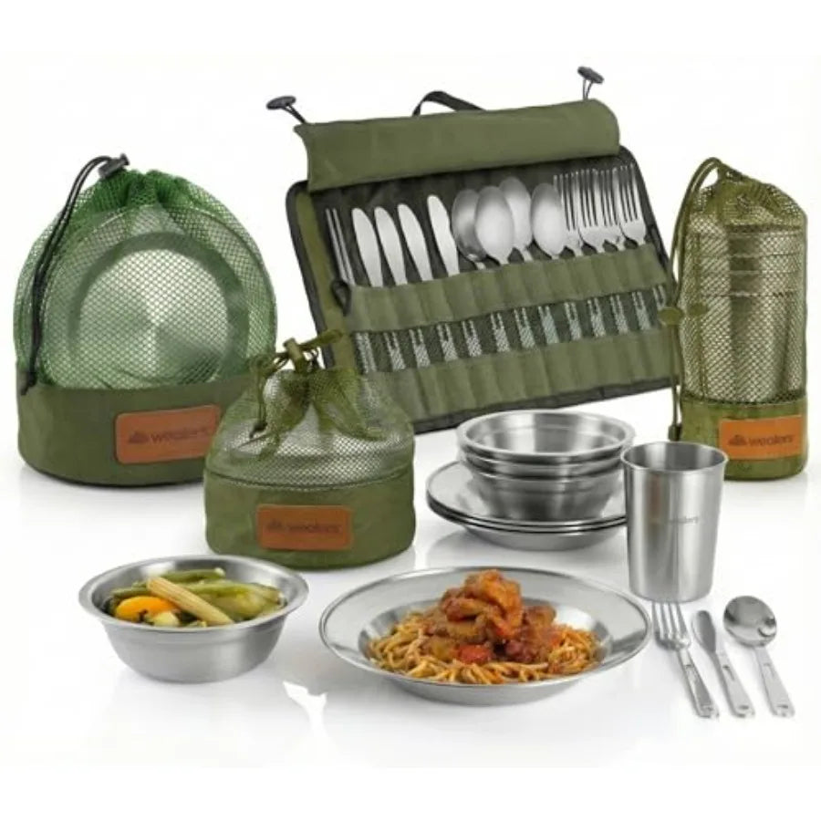 Unique Complete Messware Kit Polished Stainless Steel Dishes Set Tableware Dinnerware Camping Buffet Includes - Cups Plates Bow