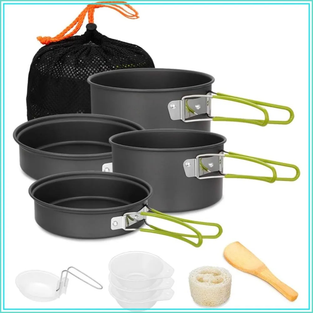 Non-Stick Camping Cookware Set - Lightweight, Portable 11-Piece Mess Kit with Pots, Pan, Bowls, and Storage Bag for Outdoor Hiking