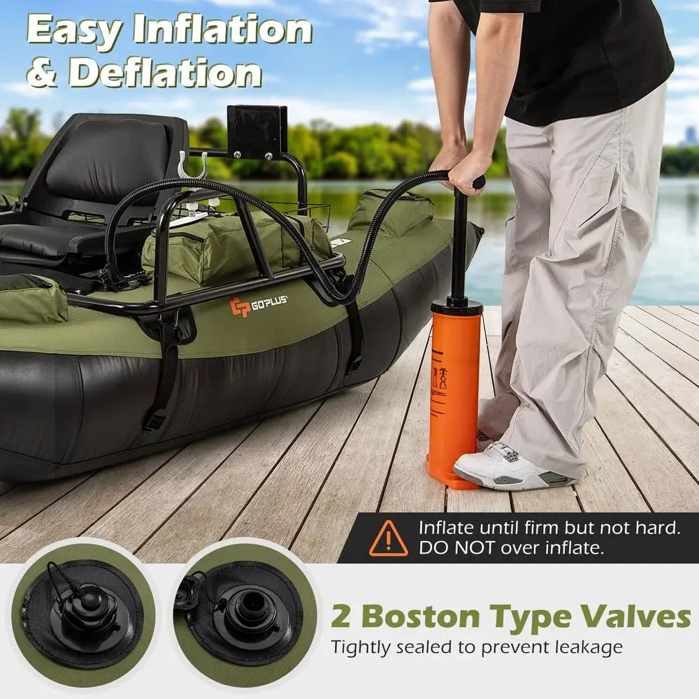 Inflatable Fishing Float Tube, Pontoon Boat w Foldable Padded Seat, Adjustable Footrest, Pump, Paddles, Fish Ruler, Storage Bas