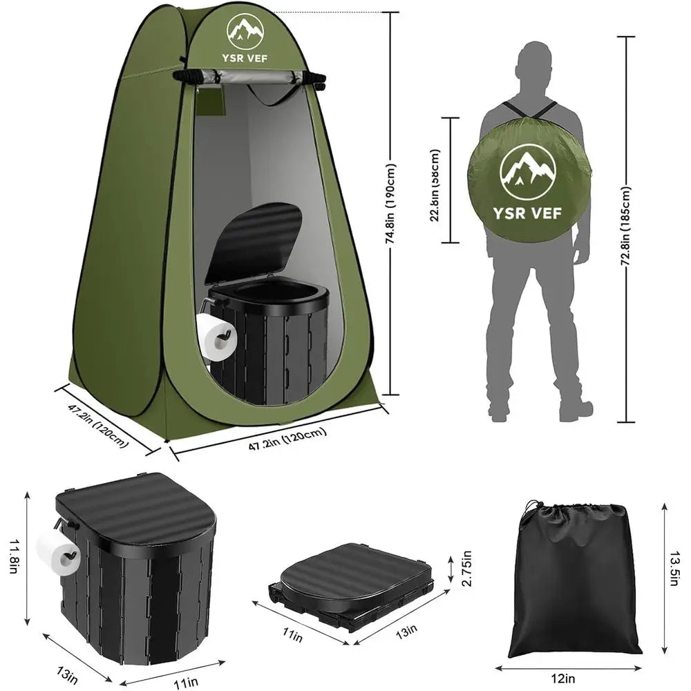 Portable Toilet Kit, Camping Toilet with Pop-Up Privacy Tent and Poo Gel Toilet Bags, Washable Portable Outdoor Showers Changing