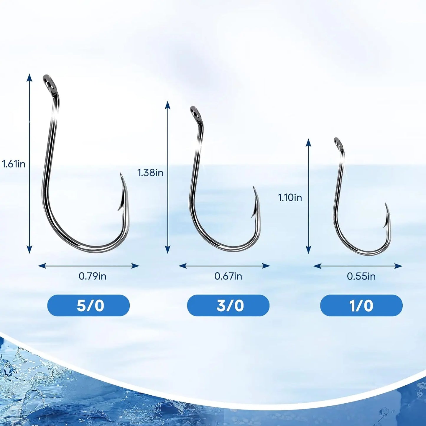 Octopus Fishing Hooks, High Carbon Steel, Offset Circle, for Saltwater Freshwater, Size 1/0-5/0, 50pcs
