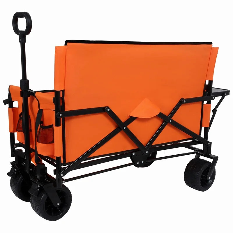 3-in-1 Heavy-Duty Folding Wagon with Bench Seat and Foldable Tabletop, 500lbs Capacity, All-Terrain Wheels for Camping, Beach, Garden, Orange