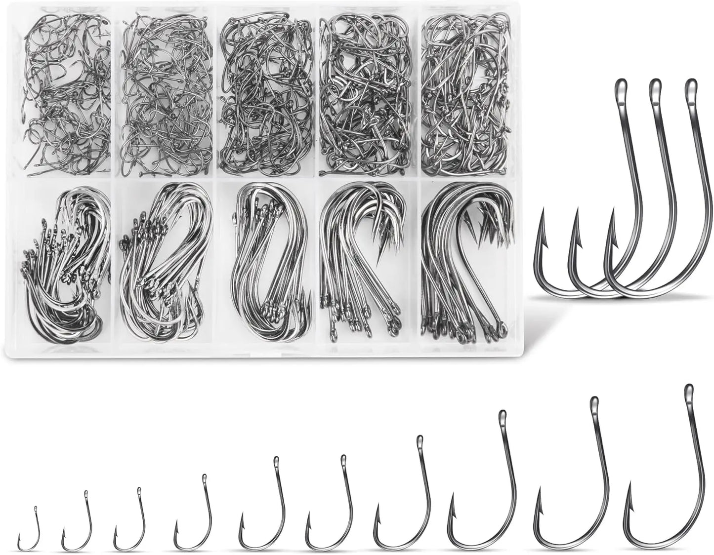 500Pcs Fishing Hooks Set, Carbon Steel Circle Hooks Assortment for Saltwater Freshwater Ice Fishing, Multi Size 6-24 for Catfish Trout Bass