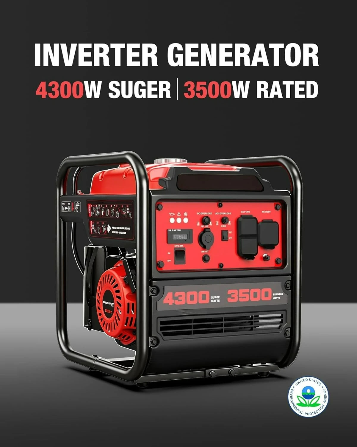 4300-Watt Portable Generator with Inverter Technology, 3500W Rated, 223cc 4-Stroke Gas Powered Engine, 30 Amp for Home, Custom