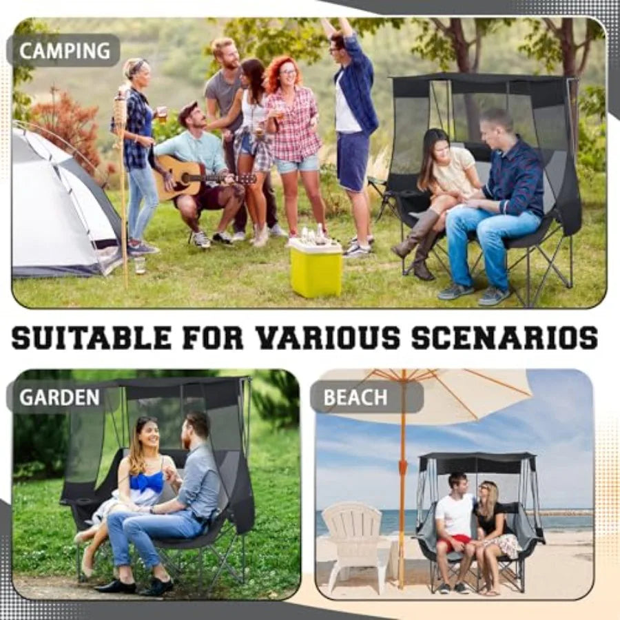 Double Camping Chair with Canopy Shade 660lbs Heavy Duty Beach Chair Portable Folding 2 Person Camping Loveseat with Cup Holder