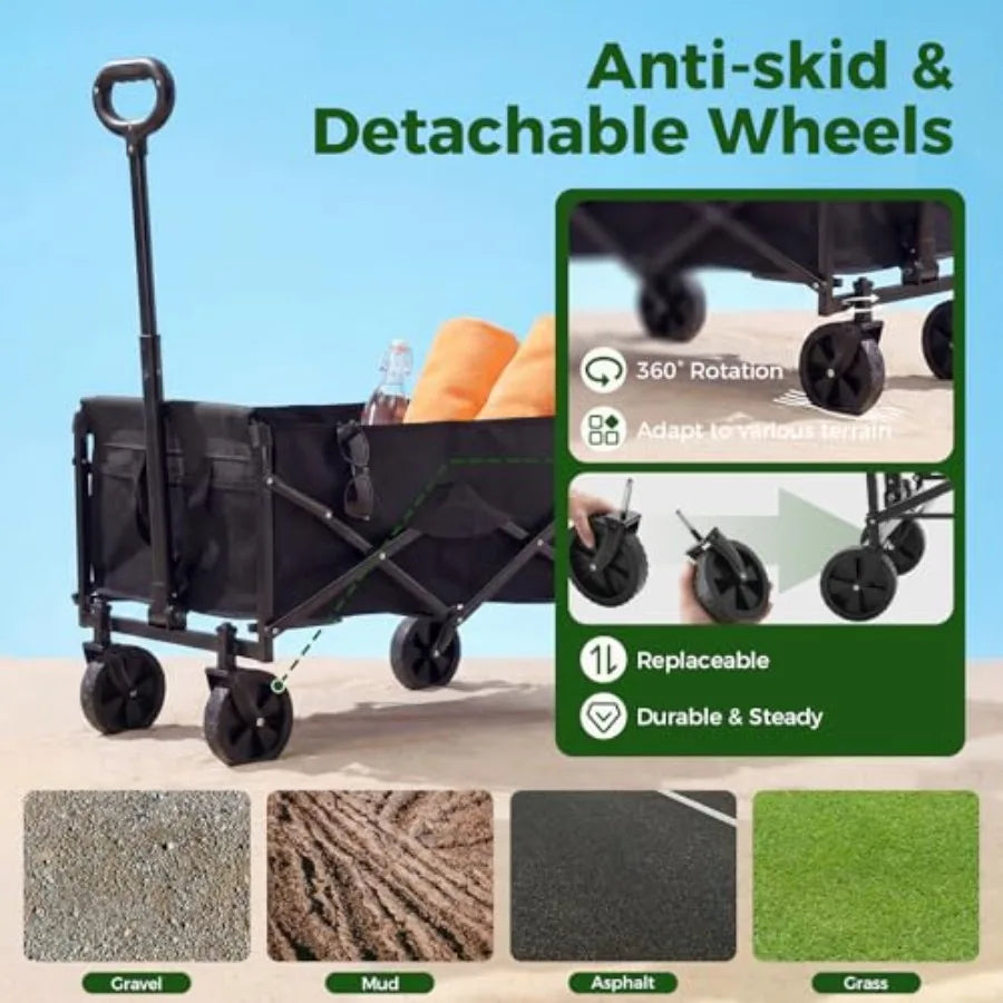 Collapsible Wagon Cart for Beach Garden Sports Grocery Camping, Heavy Duty Steel Frame, Black, 220 lbs Capacity Flexible Handle