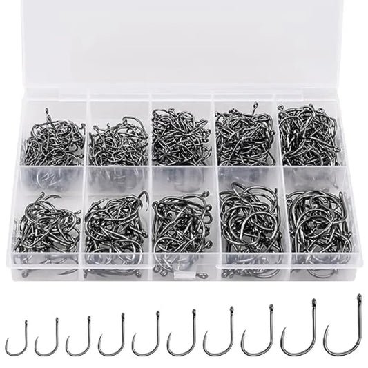 Fishing hooks for freshwater and seawater use, carbon steel material, silver color, ultra-sharp barbed design with 10 sizes or
