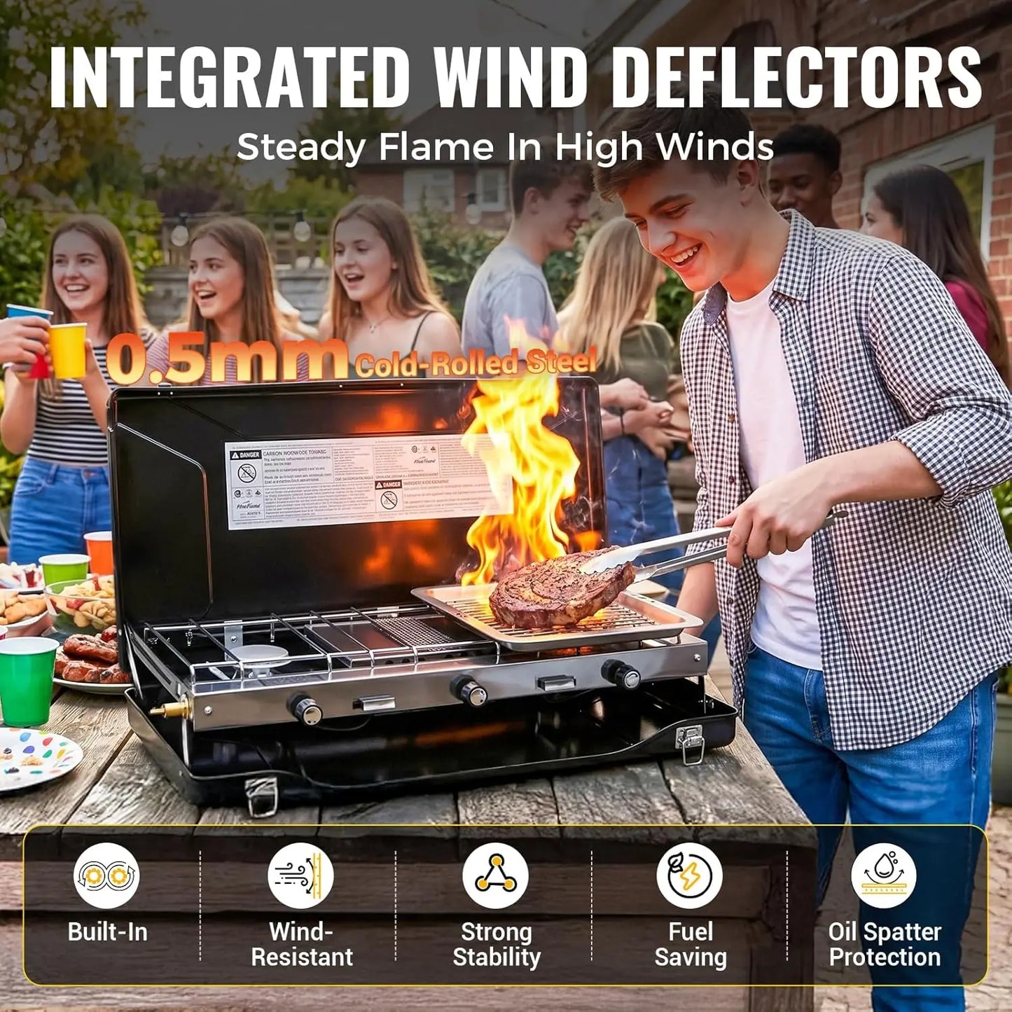 3-Burner Propane Camping Stove, 20400 BTUs, Portable with Push-Button Ignition & Wind Guards for Outdoor Cooking