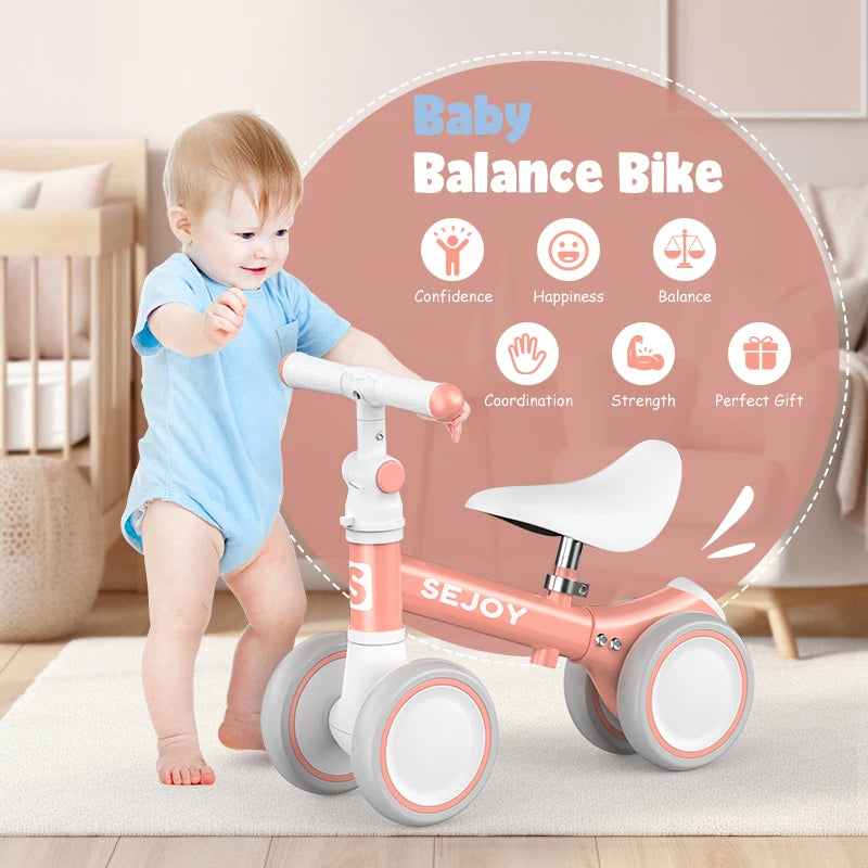SEJOY Baby Balance Bike Ride Toy for 1-3 Year Adjustable Seat,,Pedal-free 4-Wheels Baby Toddler, Sturdy Steel Frame, Non-Slip Handles, Soft PU Seat, Indoor Outdoor Play, First Birthday Gift for Toddler Boys Girls