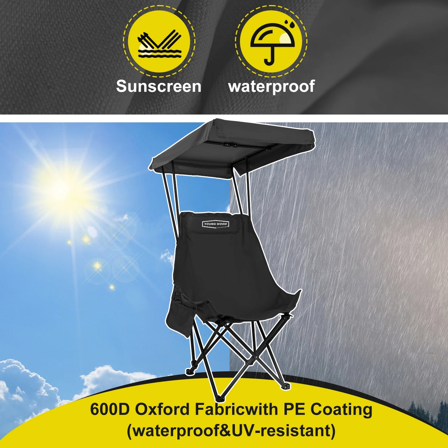 Camping Chair Beach Chair With Shade Canopy YOUNG WOOD Portable , Fold Lightweight Oversized For All, Easy To Open And Close