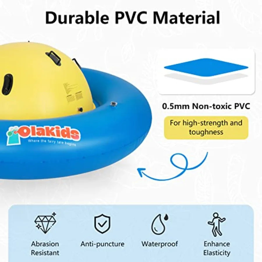 Outdoor kids inflatable dome rocker bouncer in blue durable PVC material features 6 secure handles and roll-and-play seesaw fun