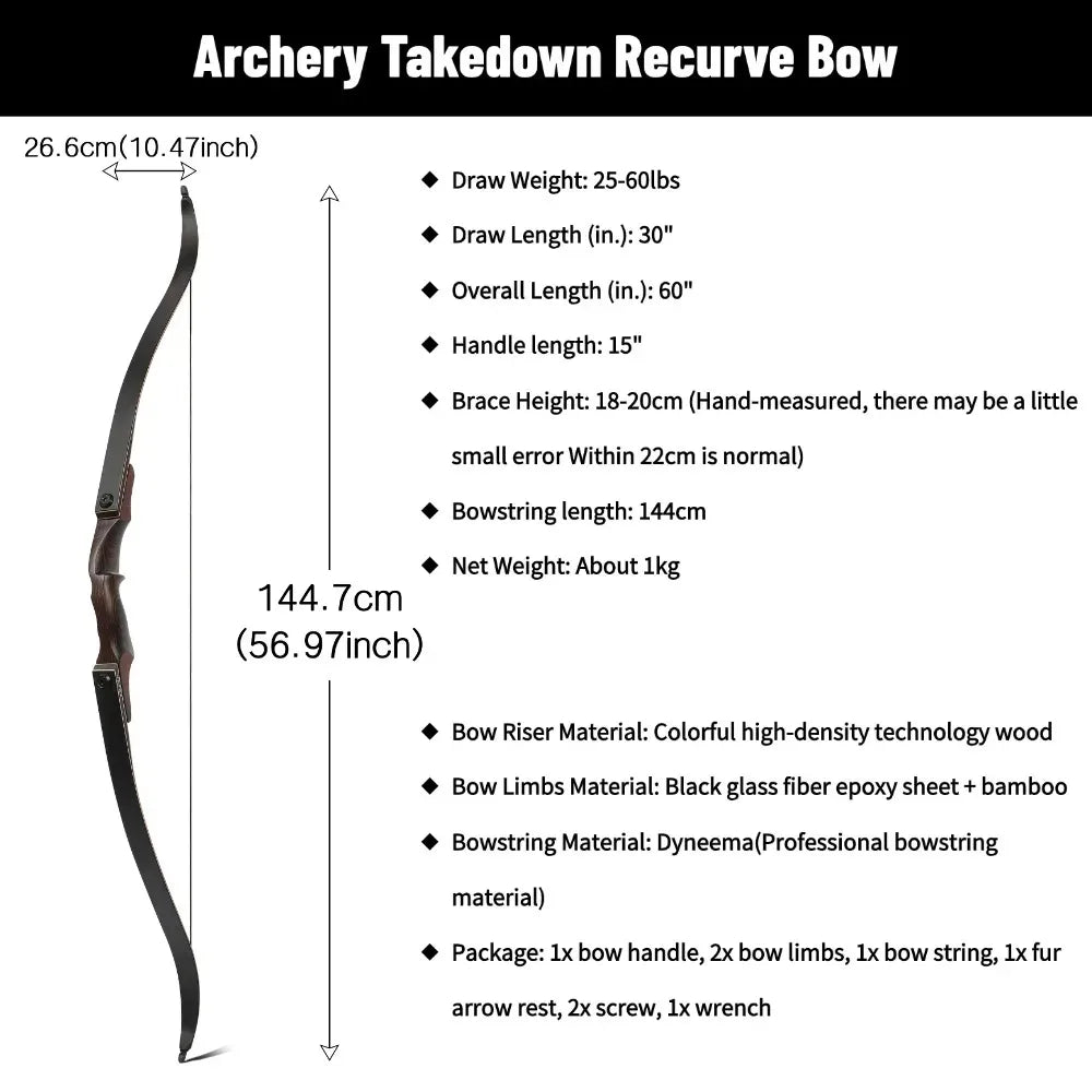 60inch 60lbs Archery Recurve Bow RH Wooden Riser Bamboo Core Limbs Outdoor Shooting Hunting Accessories American Hunting Bow