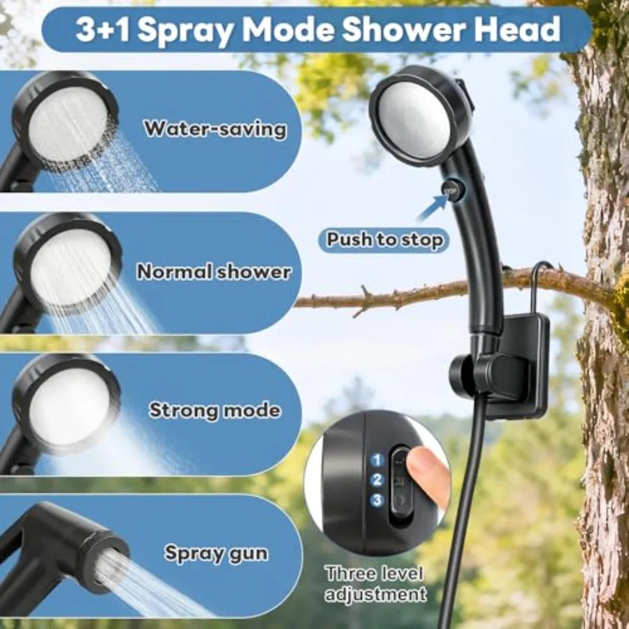 Portable Shower with Heater 6000mAh Rechargeable Camping Shower with LED Display, 3 Spray Modes, IPX7 Waterproof Shower Pump Fo