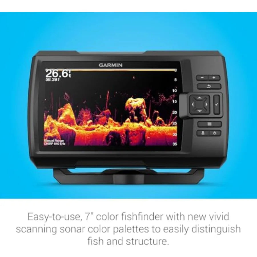 Fishfinder for fishing boats, PVC housing, black-gray, vivid scanning sonar with color palettes and easy-to-use 7-inch display