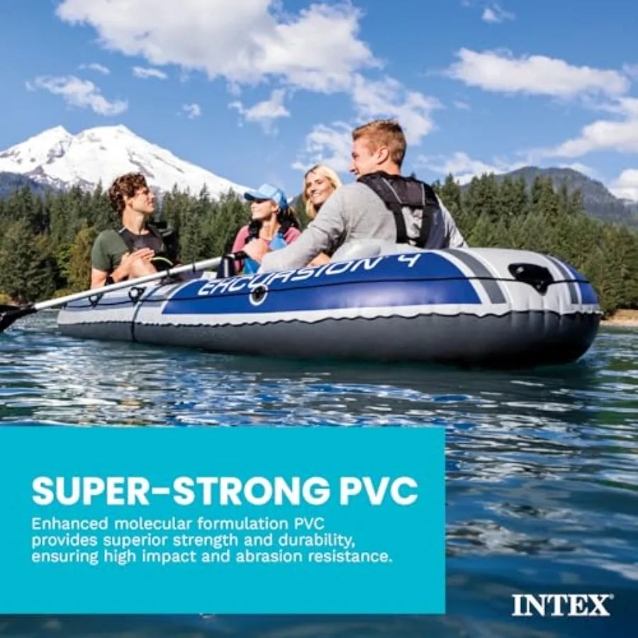 68324EP Excursion 4 Inflatable Boat Set: 54in Deluxe Boat Oars and High-Output Pump Adjustable Seats with Backrest Fishing Rod