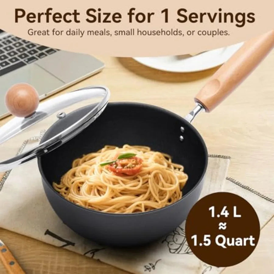1.5QT iron saucepan with lid for ramen boiling, hammered milk pot in matte black, removable wood handle for camping storage, in
