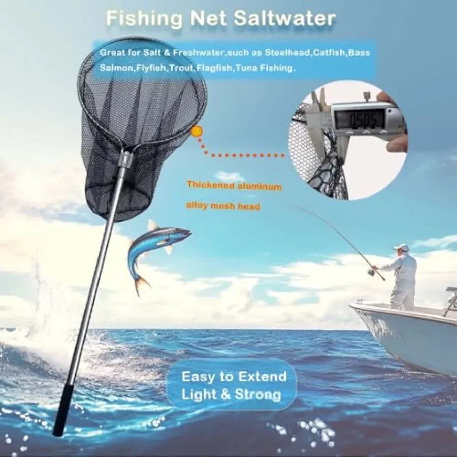 Saltwater fishing landing net with heavy-duty 37in deep mesh, extendable aluminum telescoping pole 70-102 in,black-gray color,
