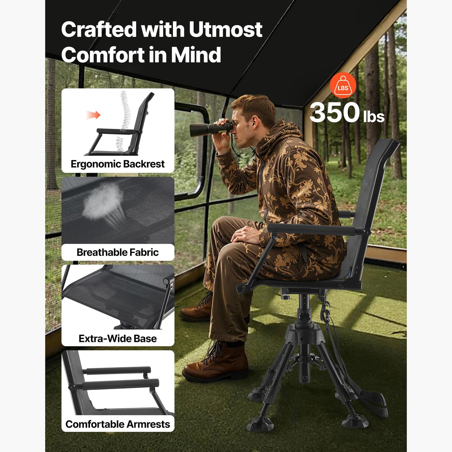 Hunting Chair 360° Silent Swivel Foldable Blind Chair Steel Frame Ground Stool Seat 300Lbs/350Lbs Capacity for Fishing