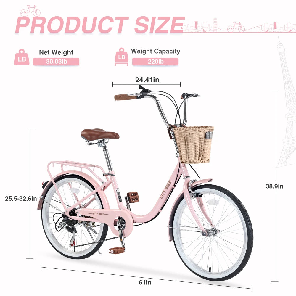 7 Speed City  Bike With  Basket , Steel Frame,Multiple Colors 22 Inch Girls Bicycle