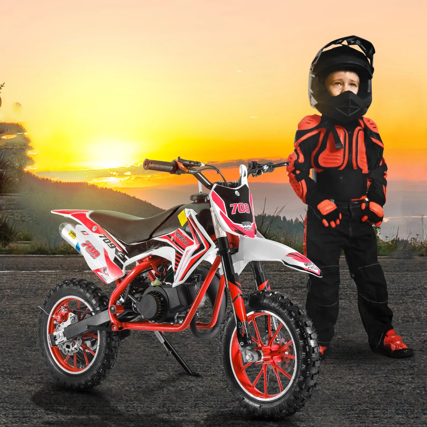 49cc 2-Stroke Dirt Bike, Gas Power Motocross, Off Road Mini Motorcycle with Front Rear Disc Brakes, Max Speed 30KM/H (Red)