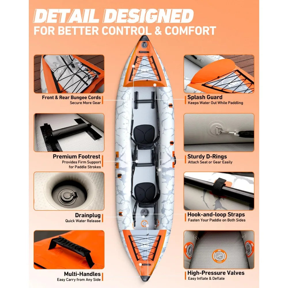 Inflatable Tandem Fishing Kayak for 2 Adults, Portable Touring Canoe with Dual Floats & Drop-Stitch Floor, Custom