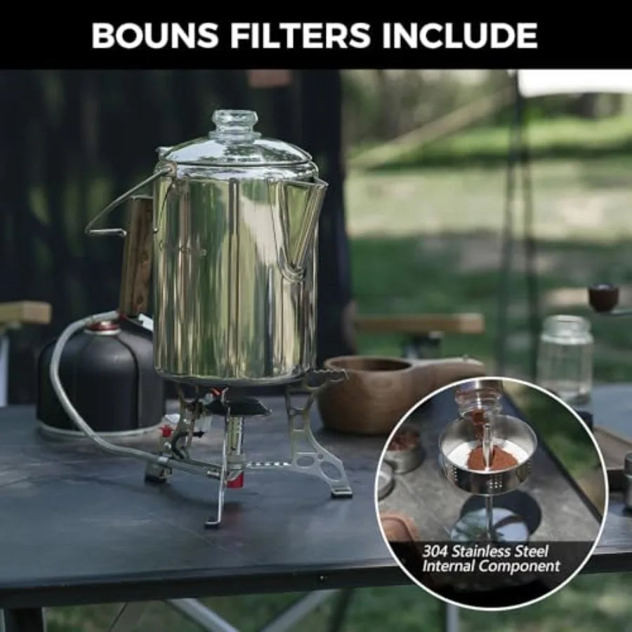 Percolator Coffee Pot Campfire Coffee Boiler Kettle 304 Stainless Steel with Wood Handle for Outdoor Camping Cookware, Cabin, R