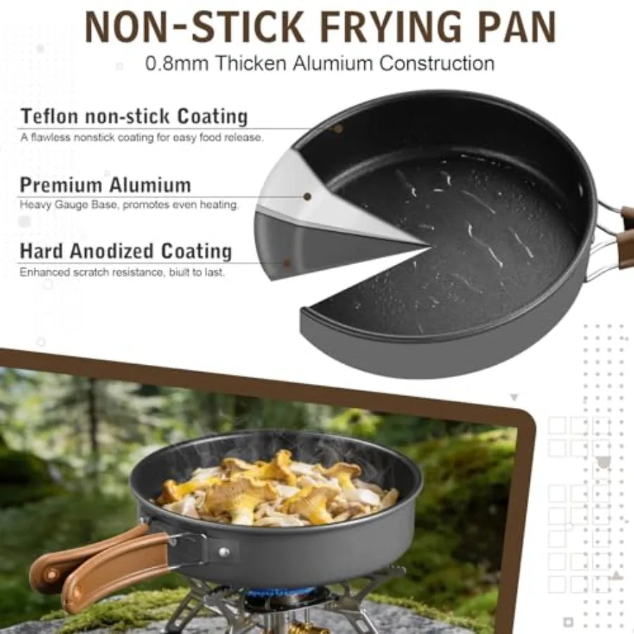 Camping cookware mess kit for outdoor backpacking and open fire cooking: aluminum nonstick 7.8-inch pot, pan, kettle, grill gra