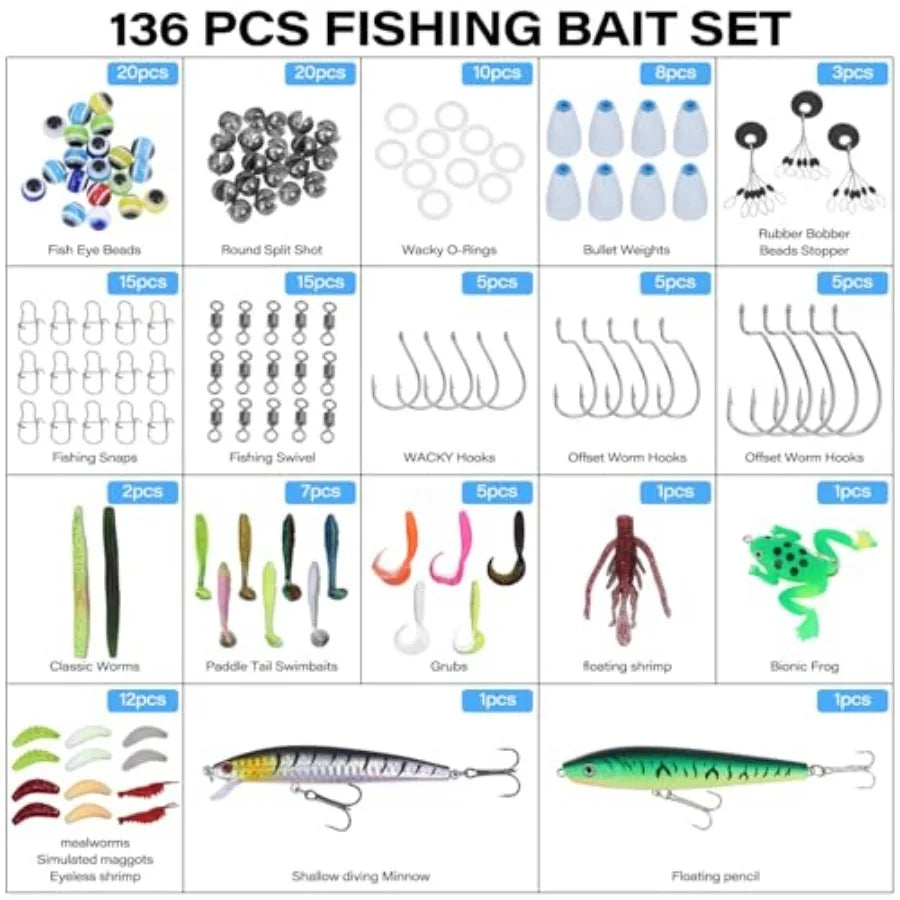 Fishing Tackle Bags with Tackle Box, Waterproof, Padded Shoulder Strap, Gear Storage, Fish Bag with 136 Pcs Fishing Lures Kit,