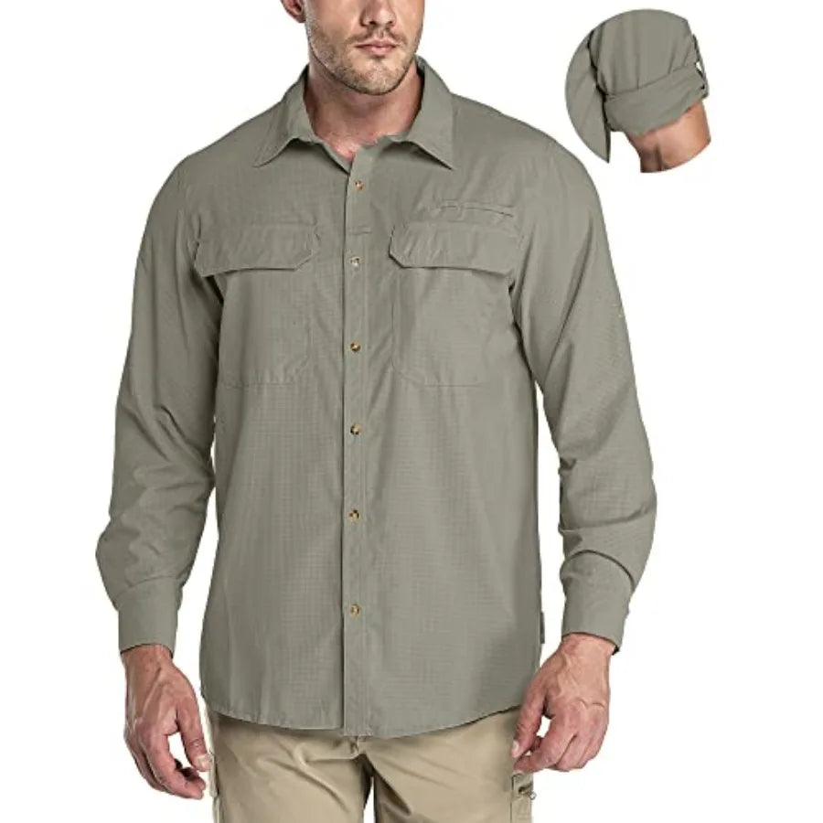 33000Feet Men's Long Sleeve Sun Protection Shirt UPF 50+ UV Quick Dry Cooling Fishing Shirts for Travel Safari Camping Hiking