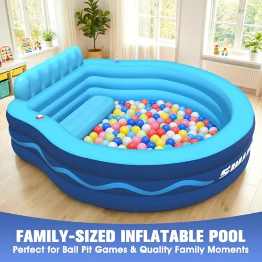 Backyard inflatable pool with seats and headrest for adults, thickened PVC blue material, oversized 90×90×20, durable family lo