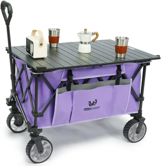 Heavy Duty Utility Wagon 400Lbs Foldable with Table, Side Pockets for Beach Park Camping Shopping Purple